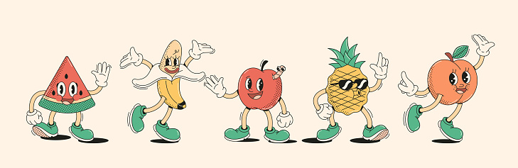 Cute sweet fruits characters in retro cartoon style vector illustration set. Friendly looking natural dessert vintage animation design