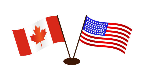 entwicklung von flaggen kanadas und der usa, die auf dem gleichen stand stehen - canada american flag canadian culture usa stock-grafiken, -clipart, -cartoons und -symbole