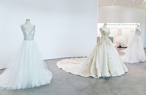 Beautiful wedding dresses in the store.