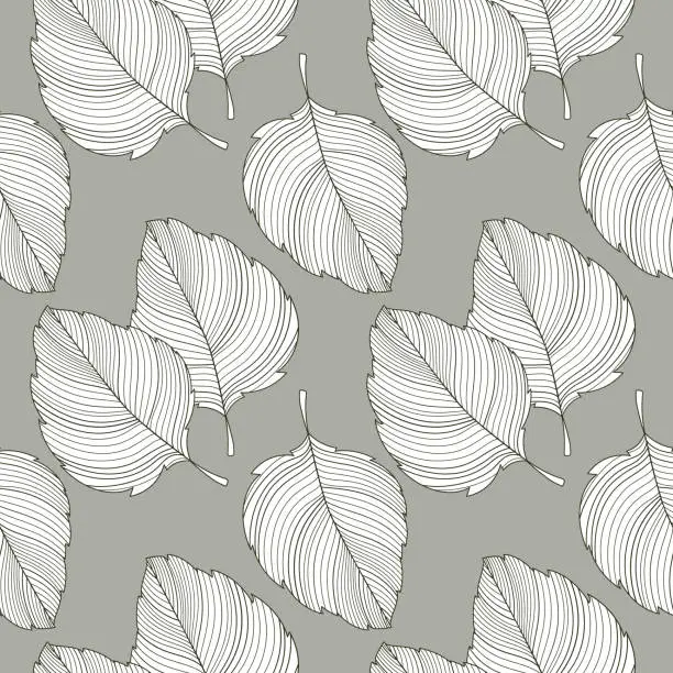 Vector illustration of Seamless pattern with lined outlines of tree leaves. Gray and white design. Print, textile, pattern