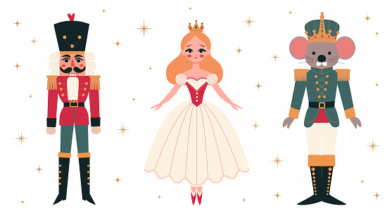 Christmas set of characters from the winter fairy tale of the ballet Nutcracker's story. Nutcracker, mouse king, princess ballerina. Fairy tale characters. Colored vector illustration in flat style