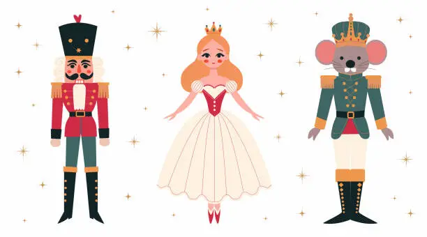 Vector illustration of Nutcracker, mouse king, princess ballerina.