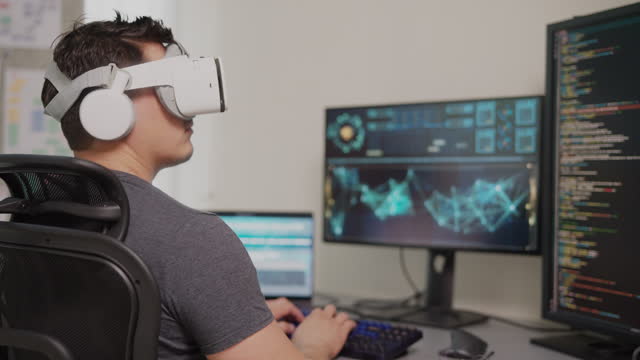 Software Engineer programmer use VR glasses and AI to help develop systems for support company.