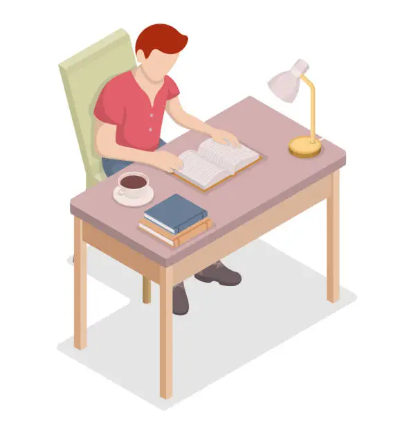 Vector illustration of Man reading a book sitting at the table isometric vector. An intelligent reader enjoys literature or studies.