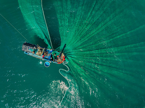 Drone view of fishing boat is netting on the sea of Hon Yen, Phu Yen province, central Vietnam