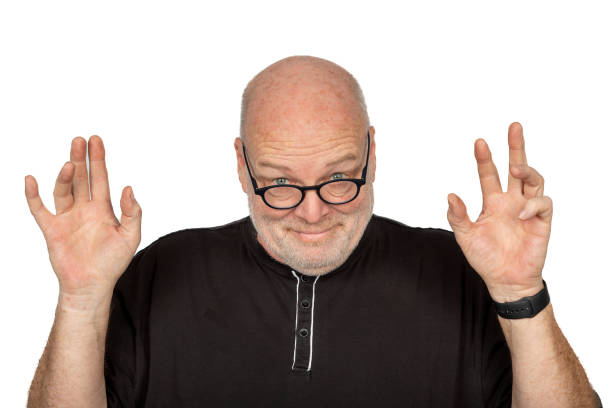istock Middle-Aged Caucasian Man Waving and Gesturing with Dark Eyeglasses on White Background 1882399685