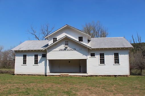 Hagarville, United States – March 26, 2023: The Historic Union School in Hagarville Arkansas. One room schoolhouse