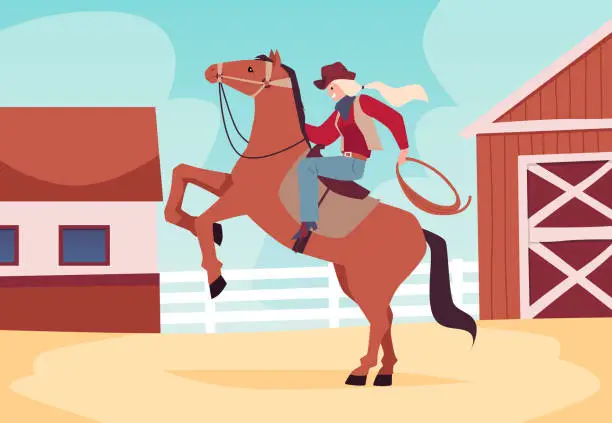 Vector illustration of Cowgirl riding on horse at a Rodeo, vector swag cowgirl with rope rides horse on ranch, American western rodeo woman