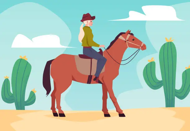 Vector illustration of Cowgirl horsewoman riding horse at landscape backdrop, flat vector illustration.