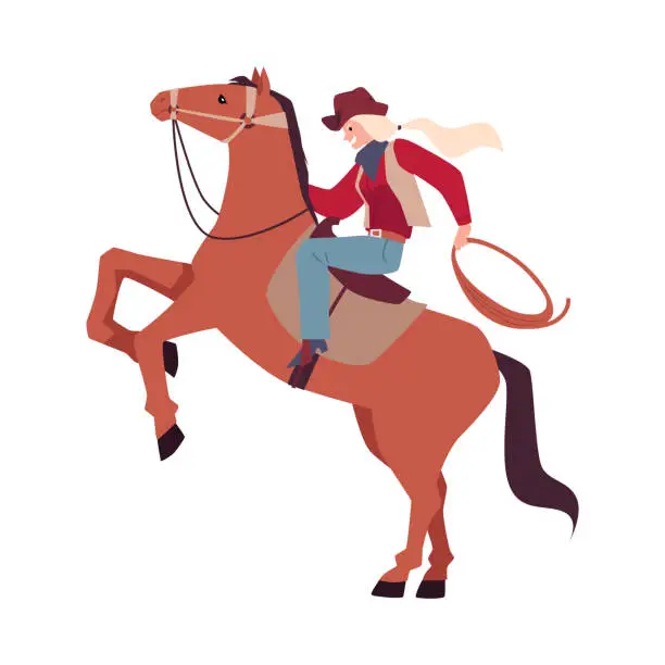 Vector illustration of Cowgirl riding on horse, American western rodeo woman, vector swag cowgirl with rope rides horse, extreme hobby