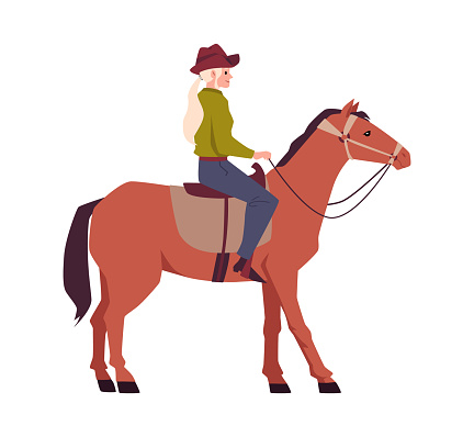 Blonde smiling cowgirl riding horse side view flat style, vector illustration isolated on white background. Decorative design element, culture, woman and animal
