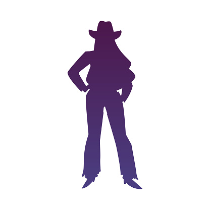 Beautiful cowgirl silhouette. Vintage swag cowgirl. American western rodeo woman vector outline illustration. Lady dressed in retro wild west style hat, shirt and wide trousers