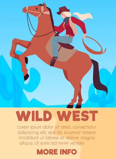 Vector illustration of Western style cowgirl on horse, design poster with vector illustration