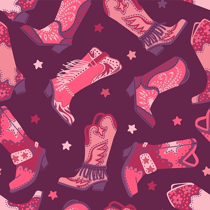 Seamless pattern with wild west cowgirl boots with floral print and fringe. Leather shoes vintage style for cowgirl. Rodeo boots, retro west accessory. Western female footwear vector illustration