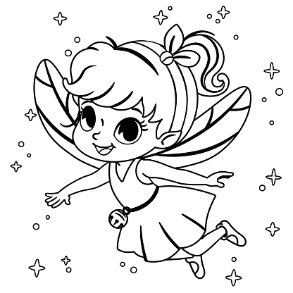 Black and White Cartoon Fairy Girl is Flying. Vector Illustration.