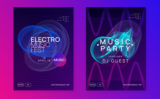 Electronic fest. Dynamic fluid shape and line. Digital show cover set. Neon electronic fest flyer. Electro dance music. Trance sound. Club event poster. Techno dj party.