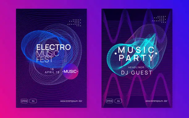 Vector illustration of Neon electronic fest flyer. Electro dance music. Trance sound. Club event poster. Techno dj party.