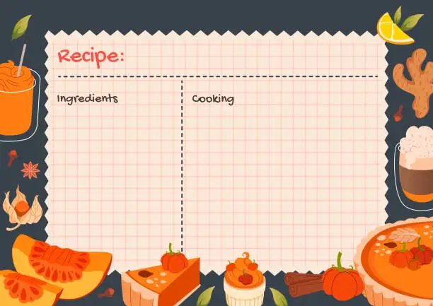 Vector illustration of Cooking background with decorative frame. Horizontal Flyer with Pumpkin Seasonal flavored products.