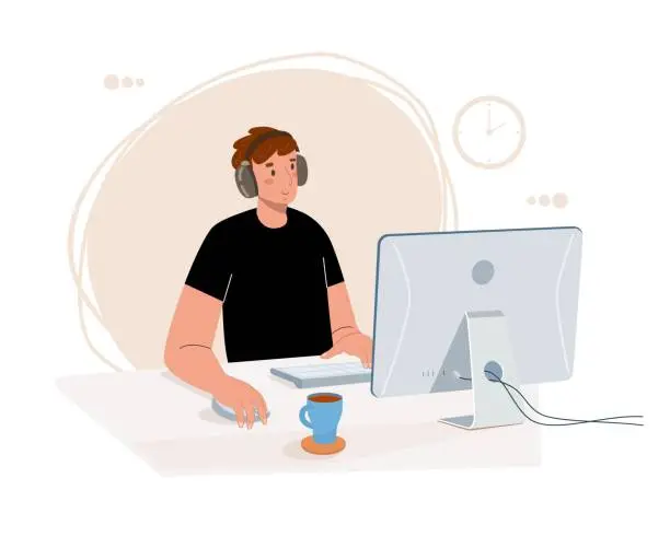 Vector illustration of Young man in headphones sits at table in front of computer monitor, typing on keyboard.