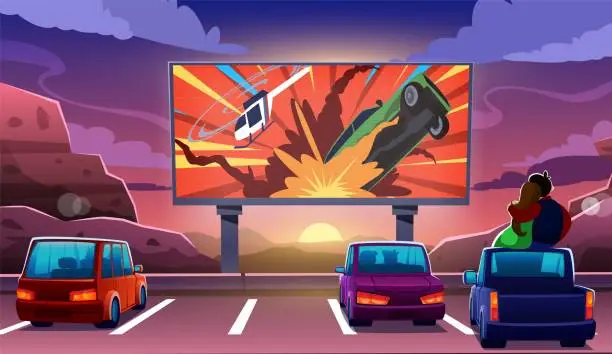 Vector illustration of Car drive cinema. Auto movie theater. Scene with couple and theatre screen. Fantasy film night. Open air entertainment. Romantic dating. Automobiles in parking. Vector illustration