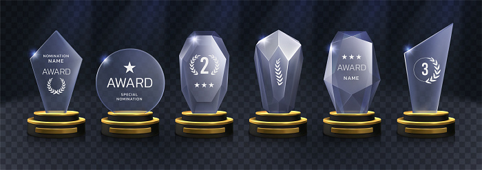 Glass award. 3D crystal acrylic prize. Winners glossy cup or plate. Nomination victory reward. Competition trophy realistic design. Honor and triumph. Modern star symbol. Vector exact isolated set