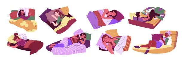 Vector illustration of Woman sleep. Exhausted people in bed. Good night dreams. Fatigue girl in relax nap. Persons lying with book and smartphone. Comfortable pillow and blanket. Vector exact illustrations set