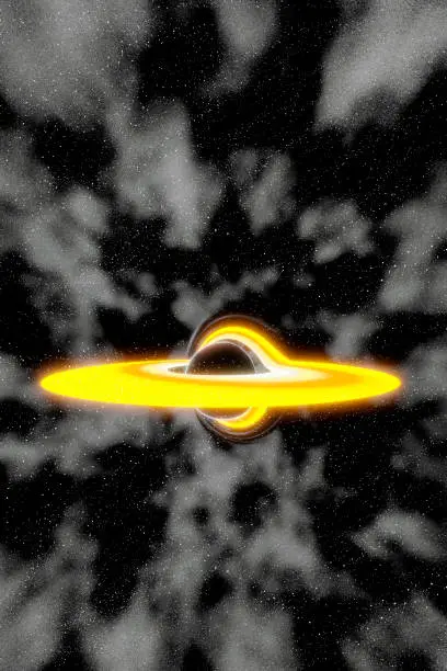 Three-dimensional rendering photograph of black hole effect surrounded by accretion disk engulfing light, stars, energy and stellar dust in its path generating vortex-like distortion simulation of absorption behavior and distortion of spacetime