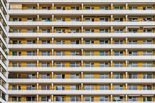 Berlin, Germany - September 13, 2021: Facade of a high-rise building with balconies in Berlin-Marzahn