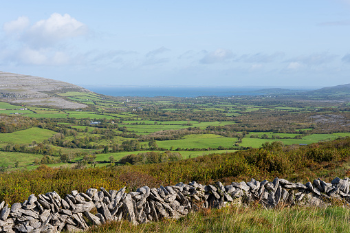 Typically Irish landscape with green meadows dry stone wall and the sea in the background with mountains