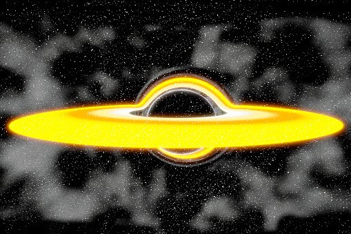 Realistic photographic behavior of black hole surrounded by accretion disk in stellar space devouring light, stars, stardust and surrounding matter subjecting elements to three-dimensional space-time rendering distortion