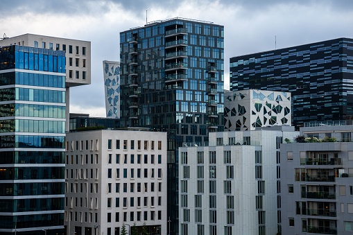 OSLO, Norway – August 09, 2023: The Barcode district with modern architecture in Olso, Norway