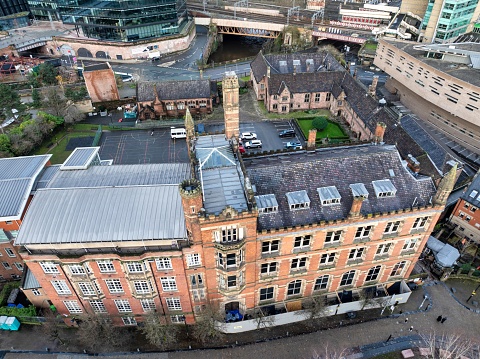 Aerial image of Chetham's School of Music in Manchester, next to Victoria station
