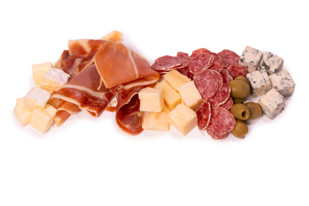 istock Cheese, olives, salami, jamon isolated on a white backgrund. 1882634519