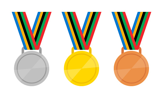 Gold, silver and bronze medals with ribbon set in flat style. Vector illustration