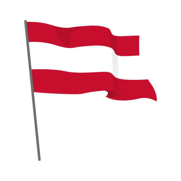 Vector illustration of Flag Austria is flying. Official flag Austria flies of flagpole. Independence Day. Banner, flyer, poster template. National flag Austria with coat of arms. Wavy flag Austria.