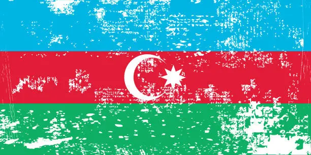 Vector illustration of Distressed flag Azerbaijan. Azerbaijan flag with grunge texture. Independence Day. Banner, poster template. State flag Azerbaijan with coat arms. Drawn brush flag Republic Azerbaijan.