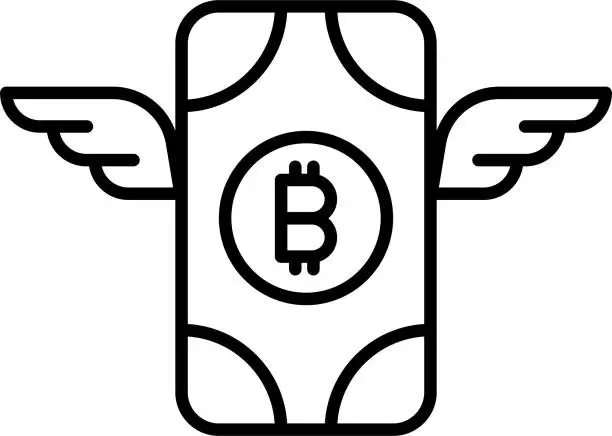 Vector illustration of money bitcoin wings Outline vector illustration icon