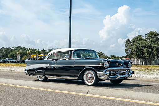 Gulfport, MS - October 05, 2023: Wide angle front corner view of a 1957 Chevrolet Bel Air 2 Door Hardtop at a local car show.