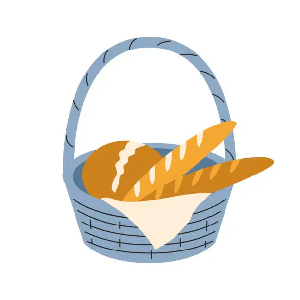 Vector illustration of Pastries, bread, baguette in a blue wicker basket. Vector, flat, cartoon illustration