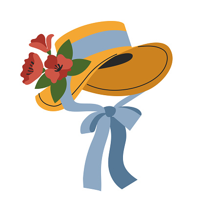 A cute rural straw hat with a blue ribbon and flowers. cottagecore fashion. Vintage, retro. Vector, flat, cartoon illustration