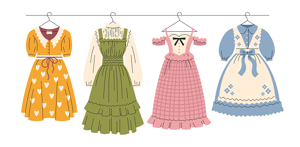 A set of cute women's dresses with ruffles and lace. cottage core fashion. Vintage, retro. Vector, flat, cartoon illustration