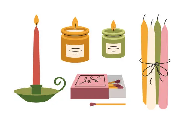Vector illustration of A set of different decorative candles for the interior. Vintage, retro. Vector, flat, cartoon illustration
