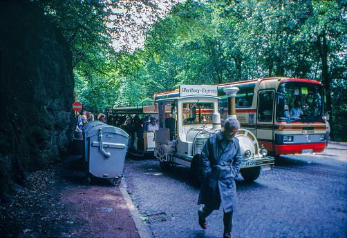 Valparaiso, Chile - October 19, 2013: Unidentified lady enters old trolleybus on October 19, 2013 in Valparaiso, Chile. Old trolleybus system from 1950's  is one of the icons of Valparaiso city.