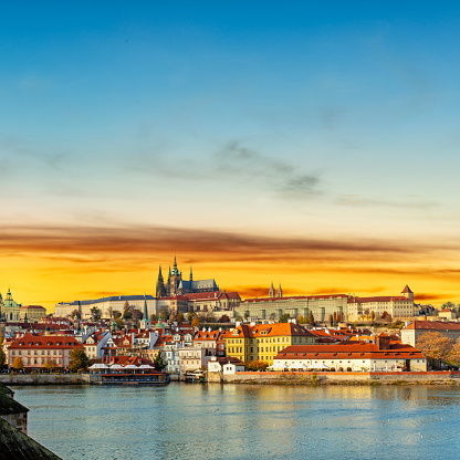 Scenic Prague and Hradcany Castle panorama from the Vltava River, Czech Republic.