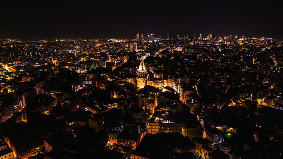 Istanbul city Skyline at night time with Galata tower