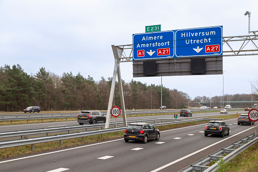 Eemnes, Netherlands, December 18, 2023; Traffic sign along the highway A1 near Eemnes.