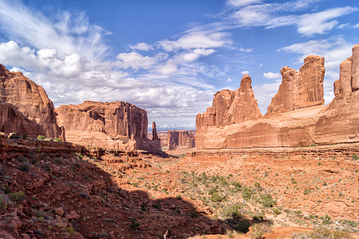 Travel through the national parks of the southwest of United States: the trail Park Avenue in the Arches national park, Utah.