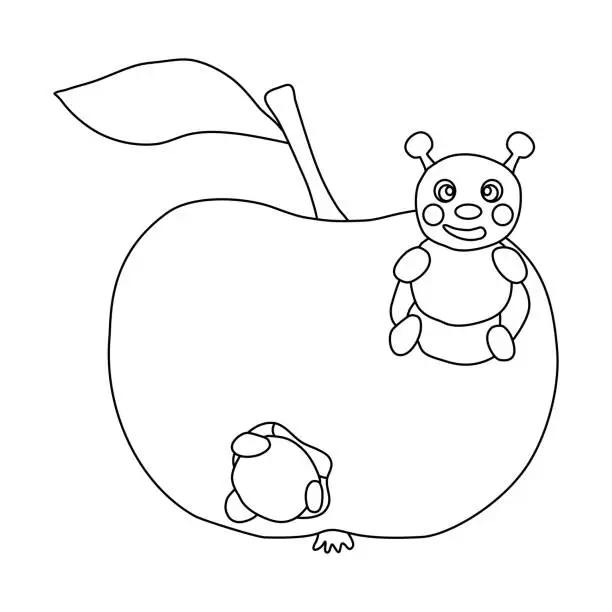 Vector illustration of Apple eaten by cute caterpillar, doodle style flat vector outline for coloring book
