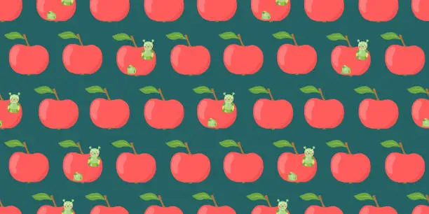 Vector illustration of Seamless pattern with ripe red apples and cute caterpillar, funny pattern for kids design, vector