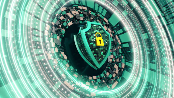 istock Cyber security abstract concept. 3D contour of shield icon on digital background. Computer safety symbol 3D 1882833959